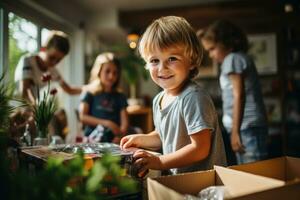 ai generato bambini chi Aiuto genitori disimballare mobilia e Aperto scatole nel un' nuovo Casa foto