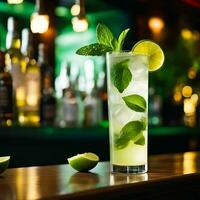 un' rinfrescante Mojito cocktail su il bar contatore ai generato foto