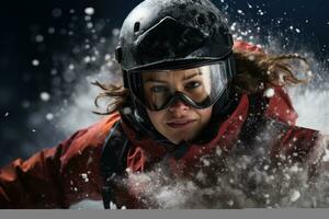 un' ragazza snowboard ai generato foto