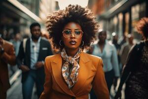 africano donna d'affari a piedi nel moderno città, bellissimo donna passeggiate su un' affollato pedone strada, attività commerciale manager circondato di sfocatura persone su occupato strada. foto