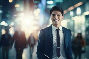 ritratto di contento uomo d'affari a piedi su strada a notte, bello asiatico manager nel moderno città circondato di sfocato persone foto