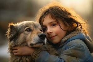 poco ragazza abbracciare sua cane con caldo leggero sfondo, ragazzo abbracci un' vagante cane per veicolare un' senso di amore. foto