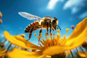epico macro fotografia tiro di miele ape. avvicinamento Visualizza di Lavorando api. generativo ai foto