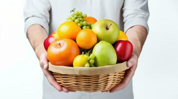 uomo Tenere cestino di frutta, contadino presentazione fresco frutta, salutare cibo ricco nel vitamine. generativo ai foto