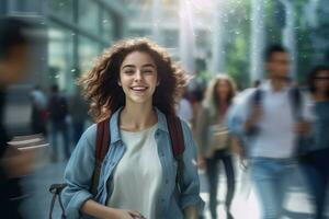 bellissimo alunno a piedi per scuola, adolescente ragazza passeggiate su un' affollato pedone strada, femmina alunno guardare a telecamera e sorridente. foto