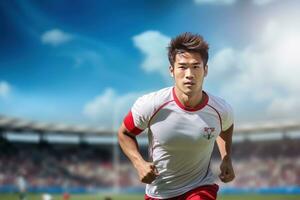bello asiatico calcio giocatore, ritratto di un' bello asiatico atleta maschio, sport uomo calciatore. foto