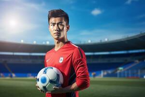 bello asiatico calcio giocatore, ritratto di un' bello asiatico atleta maschio, sport uomo calciatore. foto