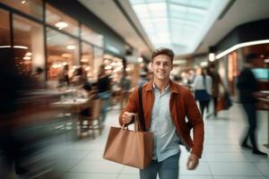 ritratto di contento maschio va per shopping nel moderno capi di abbigliamento negozio, bello uomo a piedi nel shopping centro commerciale circondato di sfocato le persone. foto