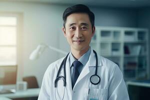 ritratto di asiatico medico con stetoscopio nel il Ospedale, esperto anziano medico medico sorridente e guardare a telecamera. foto