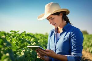 ritratto di femmina contadino utilizzando tavoletta nel il azienda agricola, osserva e dai un'occhiata crescita impianti, agricoltura inteligente agricoltura concetto foto