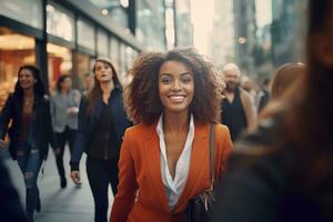 africano donna d'affari a piedi nel moderno città, bellissimo donna passeggiate su un' affollato pedone strada, attività commerciale manager circondato di sfocatura persone su occupato strada. foto