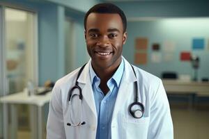 ritratto di un africano medico con stetoscopio nel il Ospedale, esperto anziano medico medico sorridente e guardare a telecamera. foto