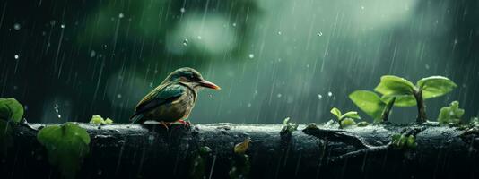 epico fotografia tiro di uccello su piovoso giorno. vivace piovoso stagione concetto. generativo ai foto