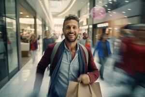 ritratto di contento maschio va per shopping nel moderno capi di abbigliamento negozio, bello uomo a piedi nel shopping centro commerciale circondato di sfocato le persone. foto