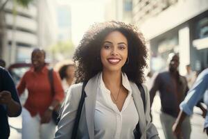 africano donna d'affari a piedi nel moderno città, bellissimo donna passeggiate su un' affollato pedone strada, attività commerciale manager circondato di sfocatura persone su occupato strada. foto