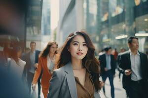 bellissimo donna d'affari a piedi nel moderno città, asiatico donna passeggiate su un' affollato pedone strada, attività commerciale manager circondato di sfocatura persone su occupato strada. foto