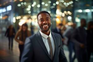 ritratto di contento africano americano uomo d'affari a piedi su strada a notte, sorridente nero manager nel moderno città circondato di sfocato le persone. foto