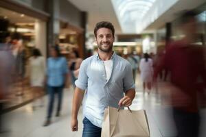 ritratto di contento maschio va per shopping nel moderno capi di abbigliamento negozio, bello uomo a piedi nel shopping centro commerciale circondato di sfocato le persone. foto