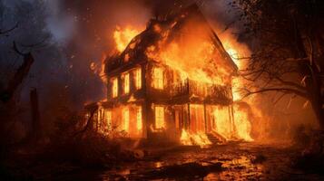 Casa su fuoco incidente, ardente auto sfondo, casa assicurazione concetto. generativo ai foto