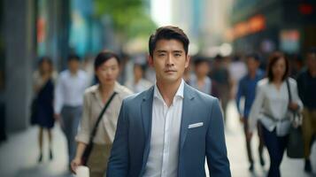 asiatico uomo d'affari a piedi nel moderno città, bello uomo passeggiate su un' affollato pedone strada, asiatico manager circondato di sfocatura persone su occupato strada. foto