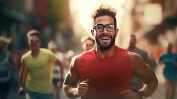 maschio in esecuzione maratona con altro corridori su un' strada di moderno città. bello giovane uomo in esecuzione per salutare vita. foto