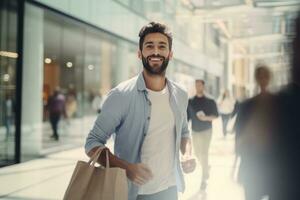 ritratto di contento maschio va per shopping nel moderno capi di abbigliamento negozio, bello uomo a piedi nel shopping centro commerciale circondato di sfocato le persone. foto