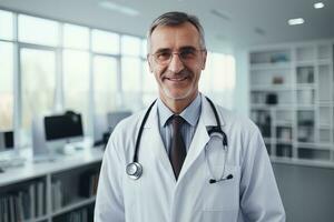 ritratto di medico con stetoscopio nel il Ospedale, esperto anziano medico medico sorridente e guardare a telecamera. foto