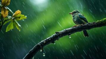 epico fotografia tiro di uccello su piovoso giorno. vivace piovoso stagione concetto. generativo ai foto