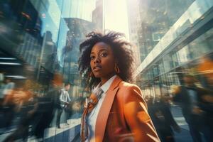 africano donna d'affari a piedi nel moderno città, bellissimo donna passeggiate su un' affollato pedone strada, attività commerciale manager circondato di sfocatura persone su occupato strada. foto