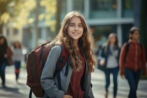 bellissimo alunno a piedi per scuola, adolescente ragazza passeggiate su un' affollato pedone strada, femmina alunno guardare a telecamera e sorridente. foto