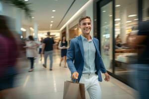 ritratto di contento maschio va per shopping nel moderno capi di abbigliamento negozio, bello uomo a piedi nel shopping centro commerciale circondato di sfocato le persone. foto