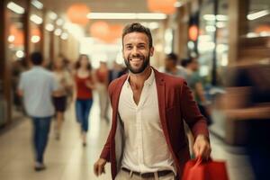 ritratto di contento maschio va per shopping nel moderno capi di abbigliamento negozio, bello uomo a piedi nel shopping centro commerciale circondato di sfocato le persone. foto