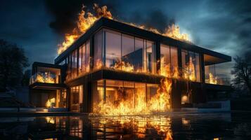 Casa su fuoco incidente, ardente auto sfondo, casa assicurazione concetto. generativo ai foto