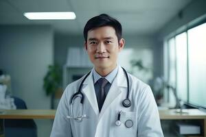 ritratto di asiatico medico con stetoscopio nel il Ospedale, esperto anziano medico medico sorridente e guardare a telecamera. foto