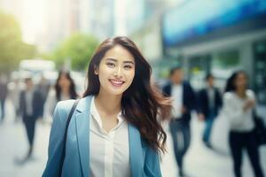 bellissimo donna d'affari a piedi nel moderno città, asiatico donna passeggiate su un' affollato pedone strada, attività commerciale manager circondato di sfocatura persone su occupato strada. foto