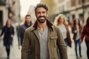 elegante latino uomo a piedi nel moderno città, bello latino tipo passeggiate su un' affollato pedone strada. foto