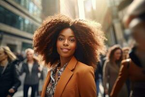 africano donna d'affari a piedi nel moderno città, bellissimo donna passeggiate su un' affollato pedone strada, attività commerciale manager circondato di sfocatura persone su occupato strada. foto