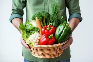 uomo Tenere cestino di la verdura, contadino presentazione biologico la verdura, salutare cibo. generativo ai foto