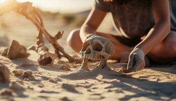 archeologia scavo di resti di cranio e ossatura di un' ominide nel un archeologico luogo nel il deserto. illustrazione ai foto
