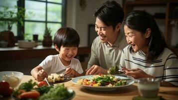 contento famiglia godendo un' cucinato in casa pasto foto