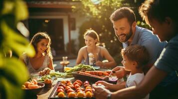 padre e figlio grigliate hamburger nel Giardino dietro la casa foto