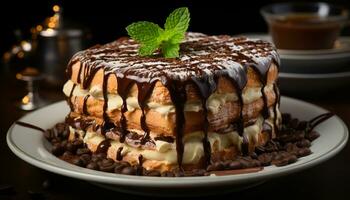 indulgente buongustaio dolce cioccolato torta fila con frustato crema decorazione generato di ai foto