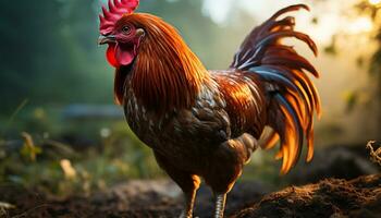 maestoso Gallo in piedi nel azienda agricola, canto con aggressione generato di ai foto