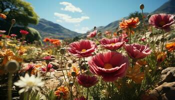 vivace colori fioritura nel natura prato, un' fresco estate mazzo generato di ai foto