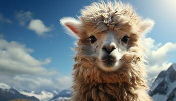 un' carino alpaca nel il nevoso montagne, guardare a telecamera generato di ai foto