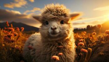 un' soffice alpaca sfiora nel il prato sotto il tramonto generato di ai foto