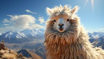 maestoso alpaca nel neve coperto montagna paesaggio, guardare a telecamera generato di ai foto