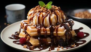 un' pila di fatti in casa Pancakes con cioccolato salsa e fresco frutti di bosco generato di ai foto