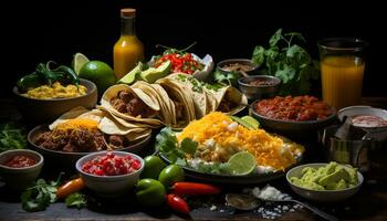 fresco guacamole e pomodoro salsa su un' croccante tortilla patata fritta generato di ai foto