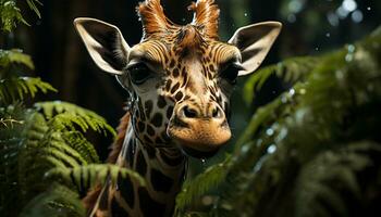 giraffa nel il selvaggio, circondato di verde fogliame, guardare a telecamera generato di ai foto